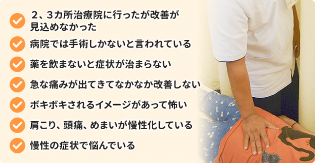 ２、３カ所治療院に行ったが改善が見込めなかった。病院では手術しかないと言われている。薬を飲まないと症状が治らない。